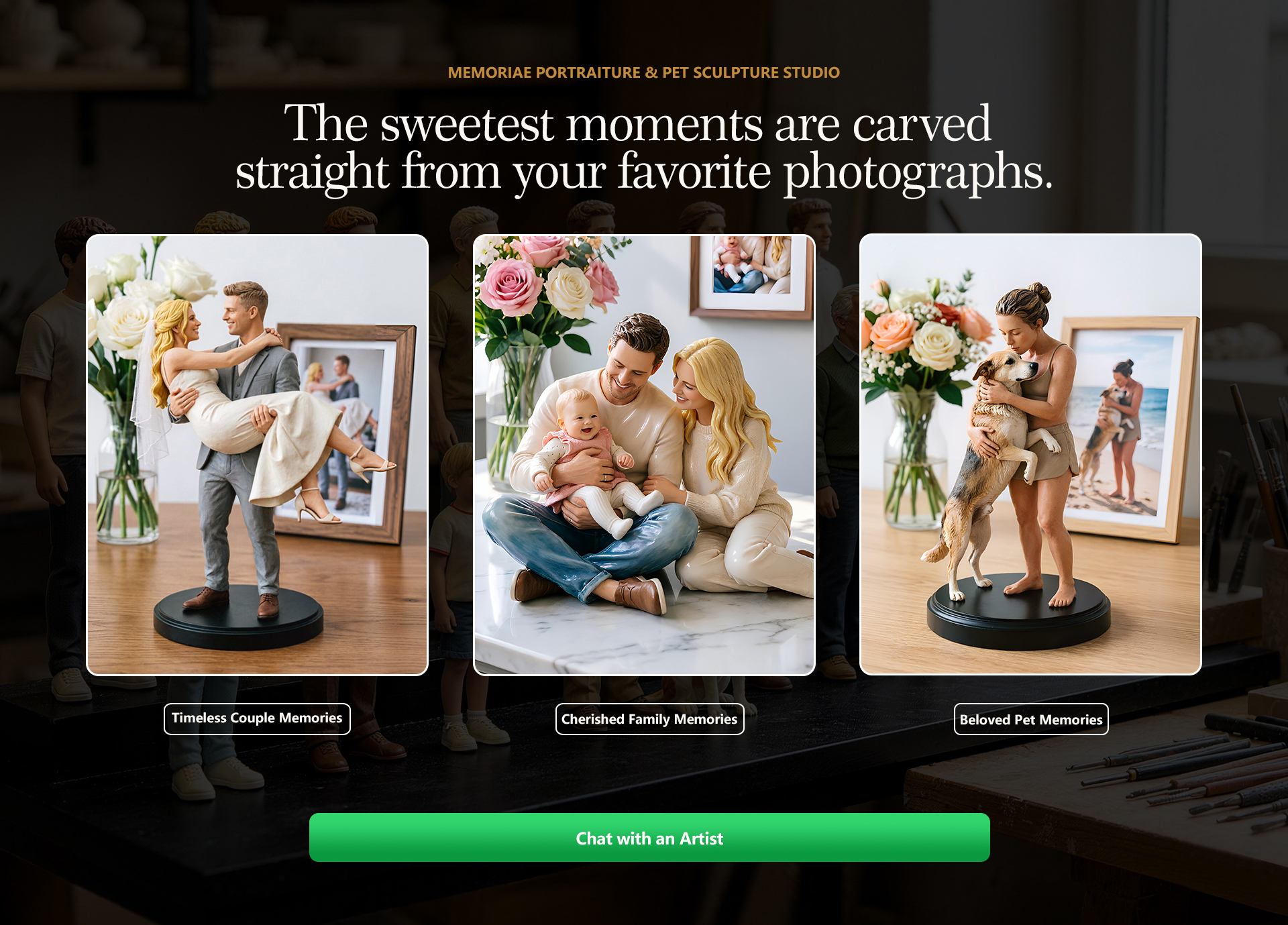 Homepage hero with couple, family, and pet collections